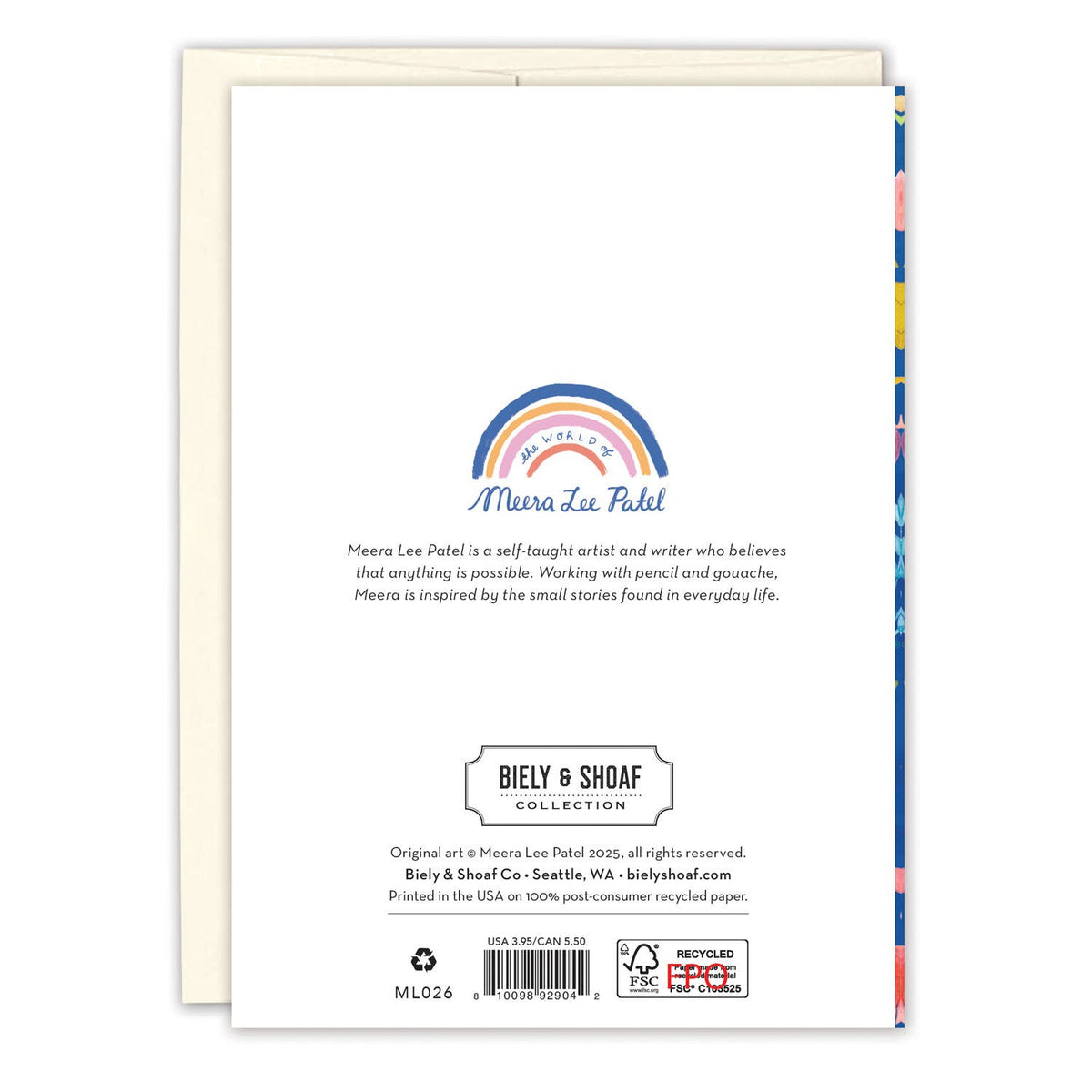 Back of a card with a rainbow design and text on a white background