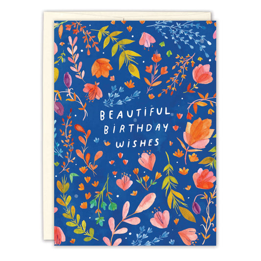 Greeting card with floral design and 'Beautiful Birthday Wishes' text on a blue background