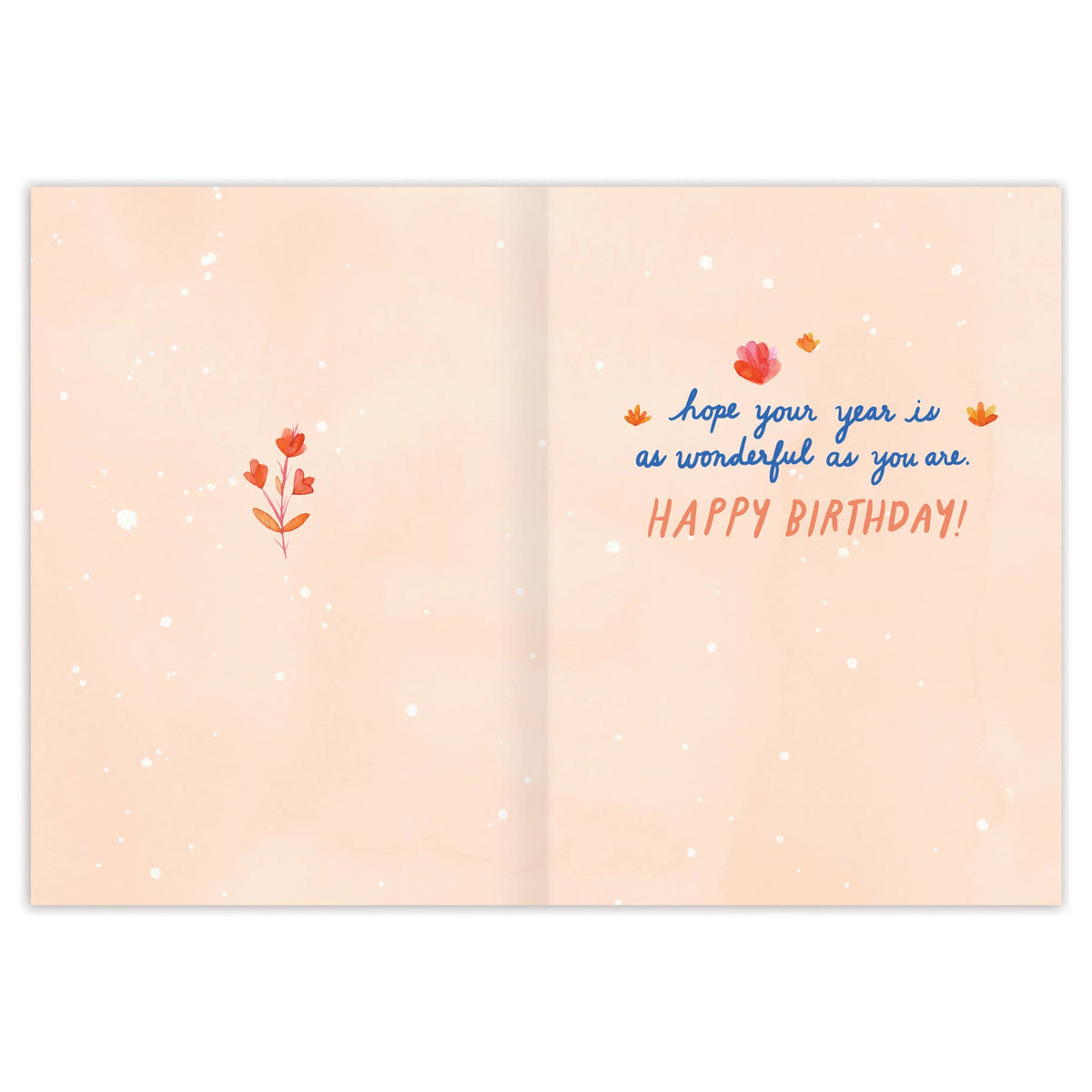 Open card with birthday message and floral designs on a light pink background