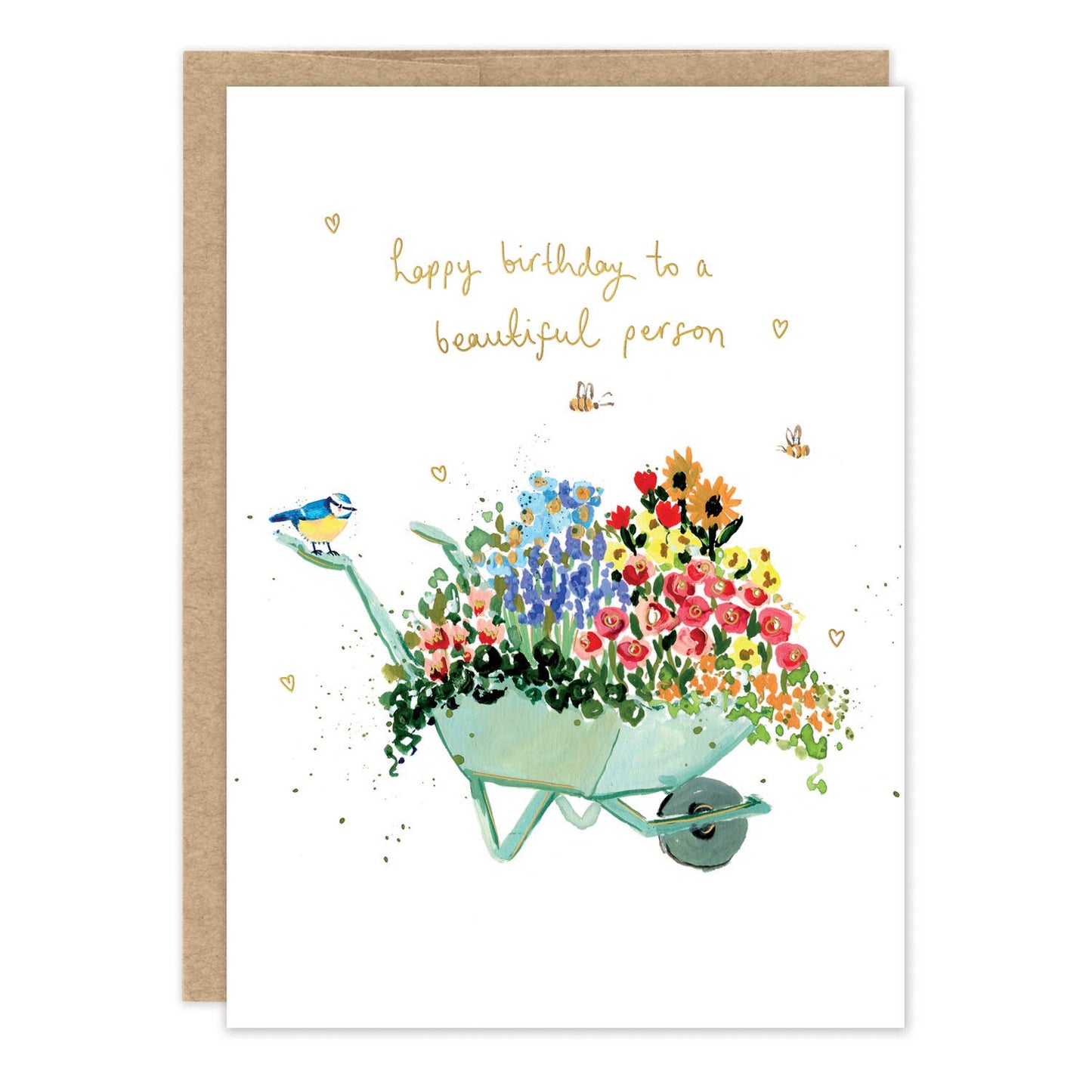 Greeting card with a wheelbarrow full of flowers and a bird, featuring the text 'Happy birthday to a beautiful person'.