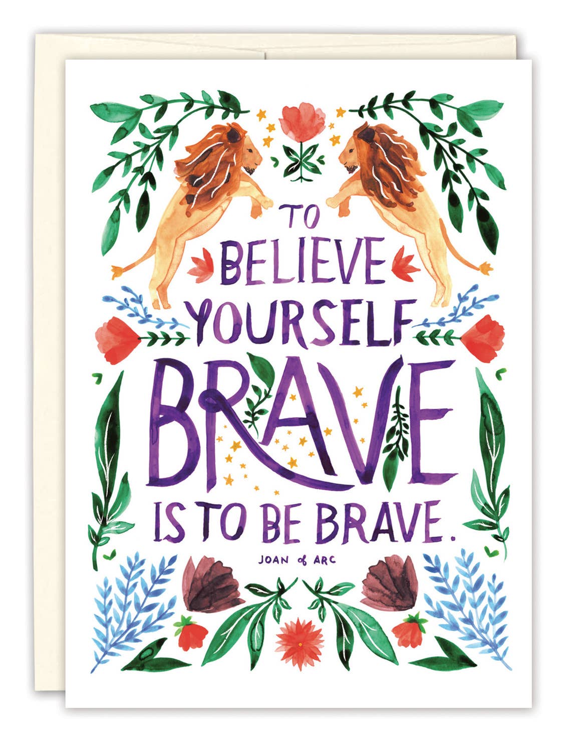 Greeting card with lions, flowers, and motivational quote on a white background