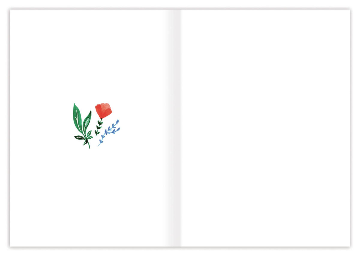 greeting card with a red flower, green leaves, and blue flowers on a white background
