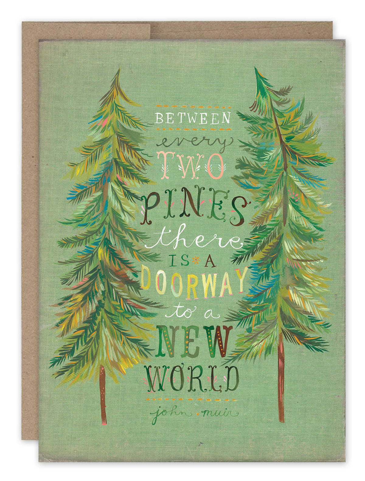 Greeting card with trees and a quote on a green background