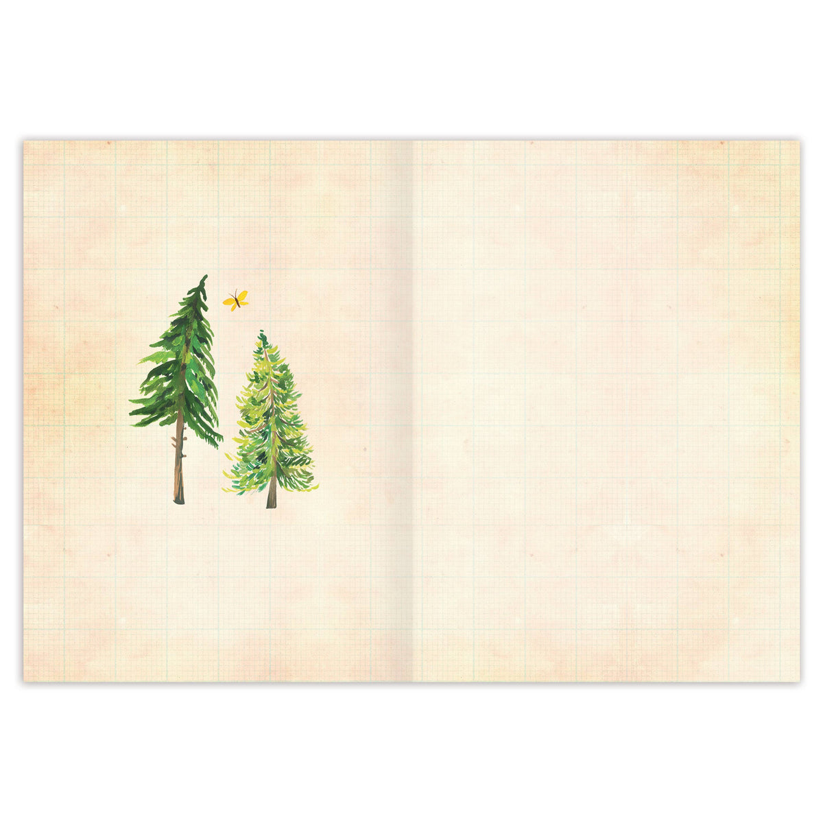 Open notebook with illustrations of trees on a beige background