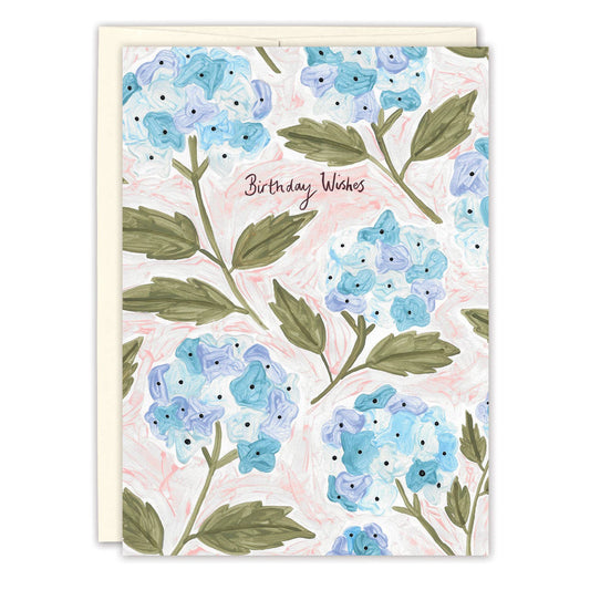 Greeting card with blue floral design and 'Birthday Wishes' text on a white background