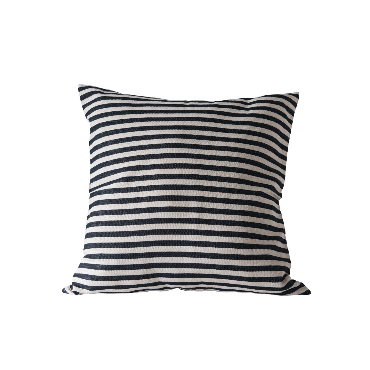 Black and white striped 26-inch cotton throw pillow with removable zipper cover, styled on a couch to add a modern, decorative accent to living room or office furniture.