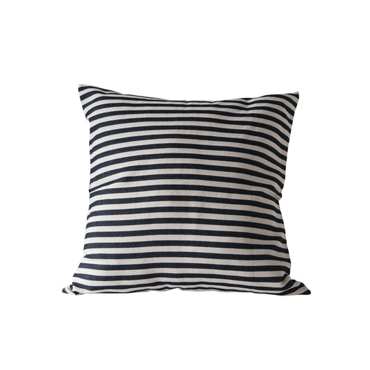 Black and white striped 26-inch cotton throw pillow with removable zipper cover, styled on a couch to add a modern, decorative accent to living room or office furniture.