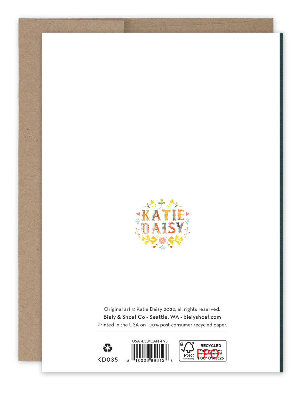 Back of a greeting card with 'Katie Daisy' branding and recycled paper label.
