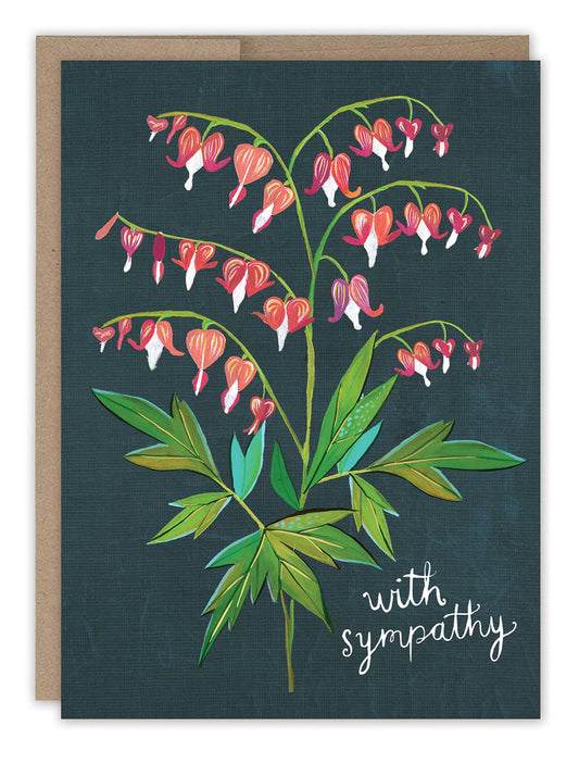 Greeting card with floral design and 'with sympathy' text on a dark background