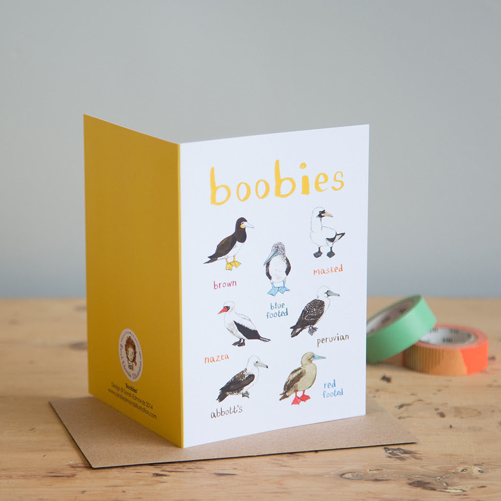 Card with illustrations of various birds and the word 'boobies' on a wooden surface.