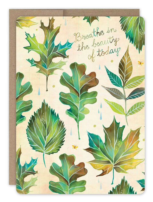 Card with green leaf pattern and 'Breathe in the beauty of today' text