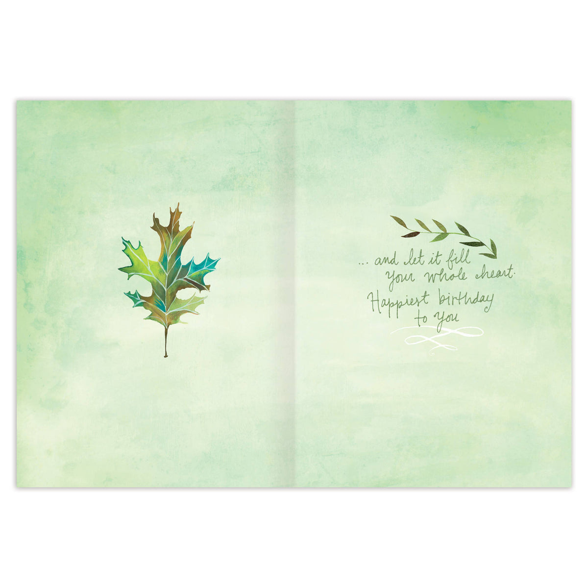 Open card with leaf illustration and birthday message on a green watercolor background