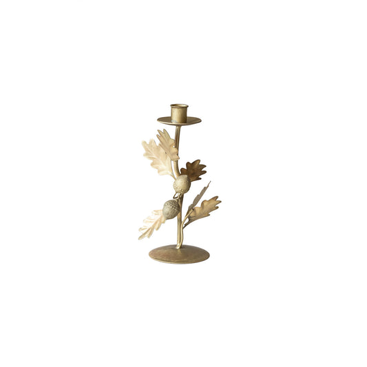 Brass finish taper candle holders with oak leaf and acorn design, available in single or double style, whimsical woodland home décor.