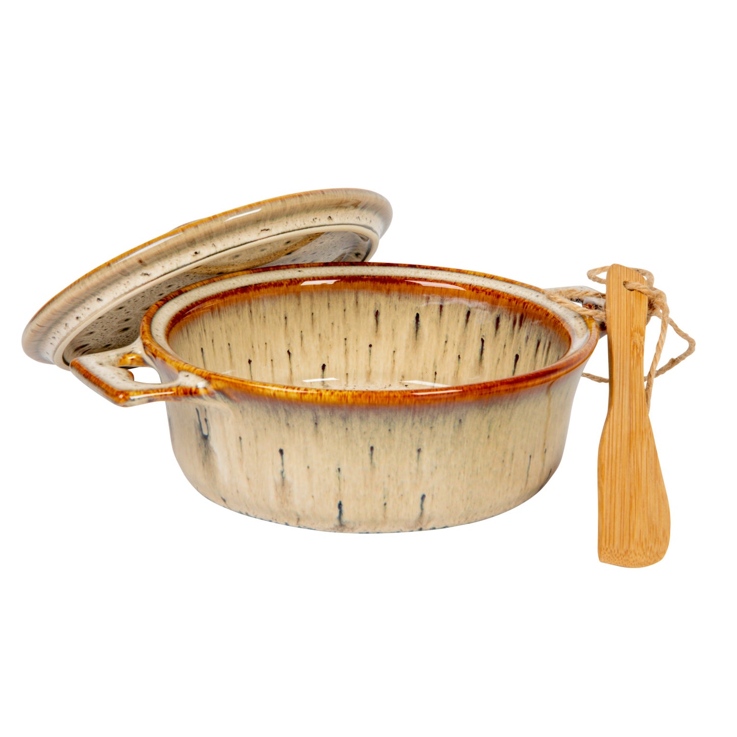 Ceramic pot with wooden spoon on a white background