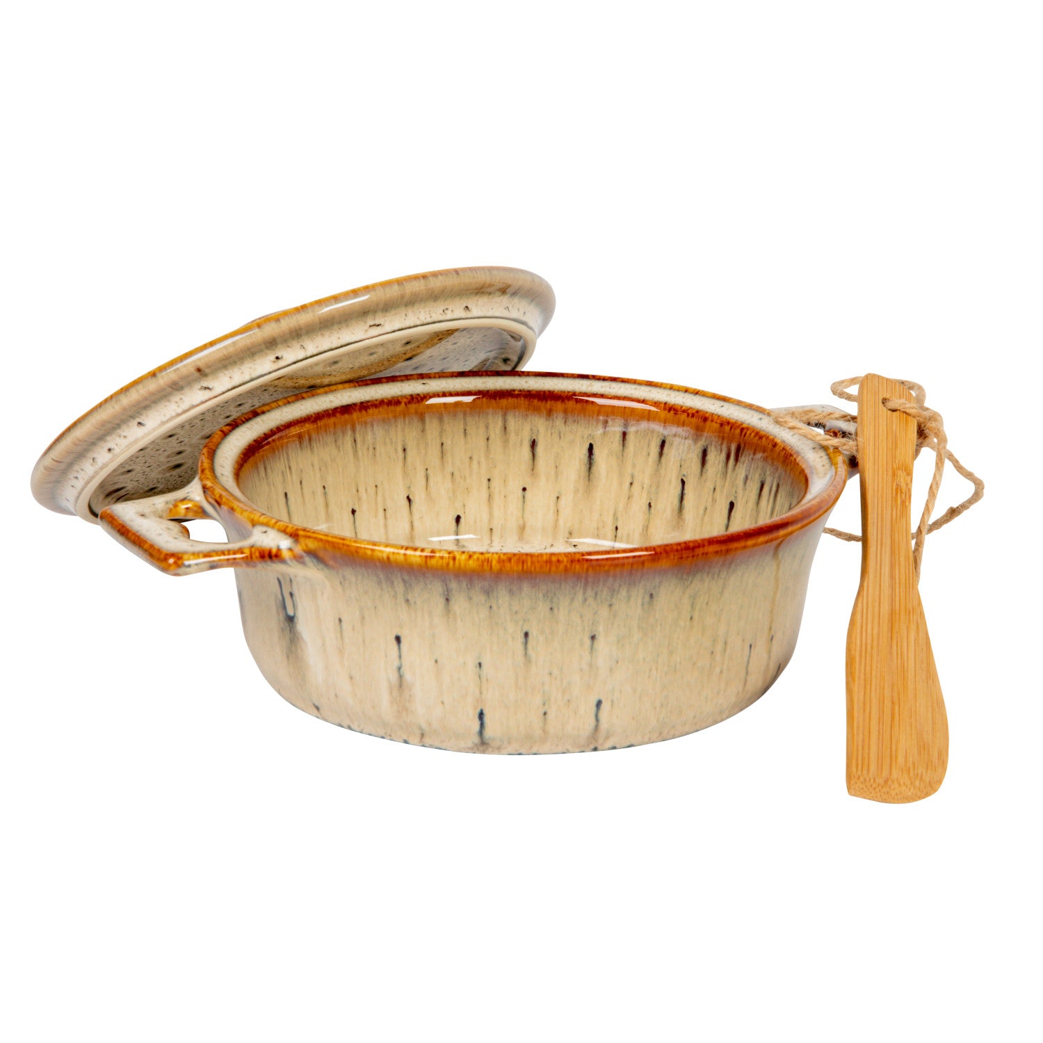 Ceramic pot with wooden spoon on a white background