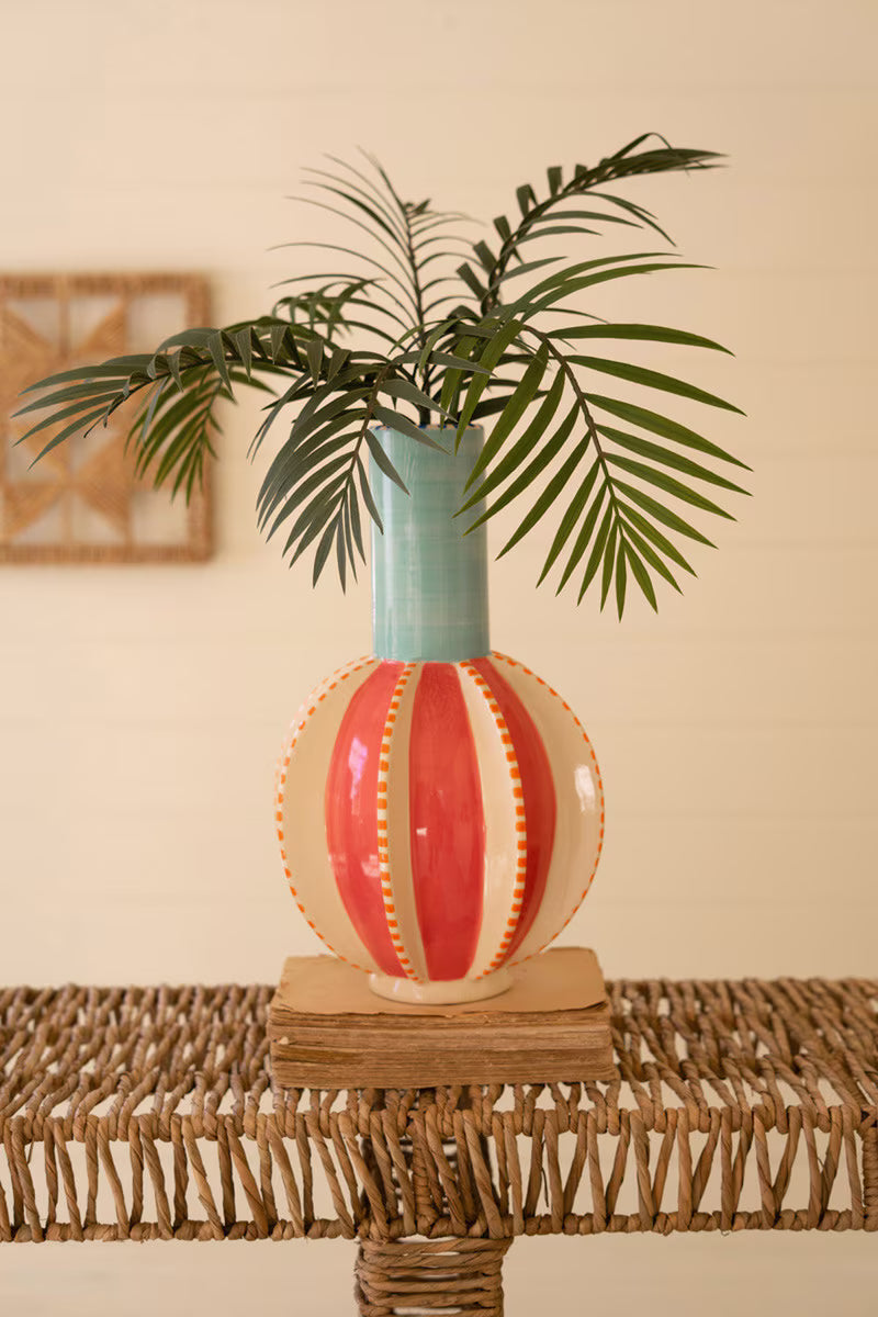 Ceramic Multi-Colored Vase with Blue Neck