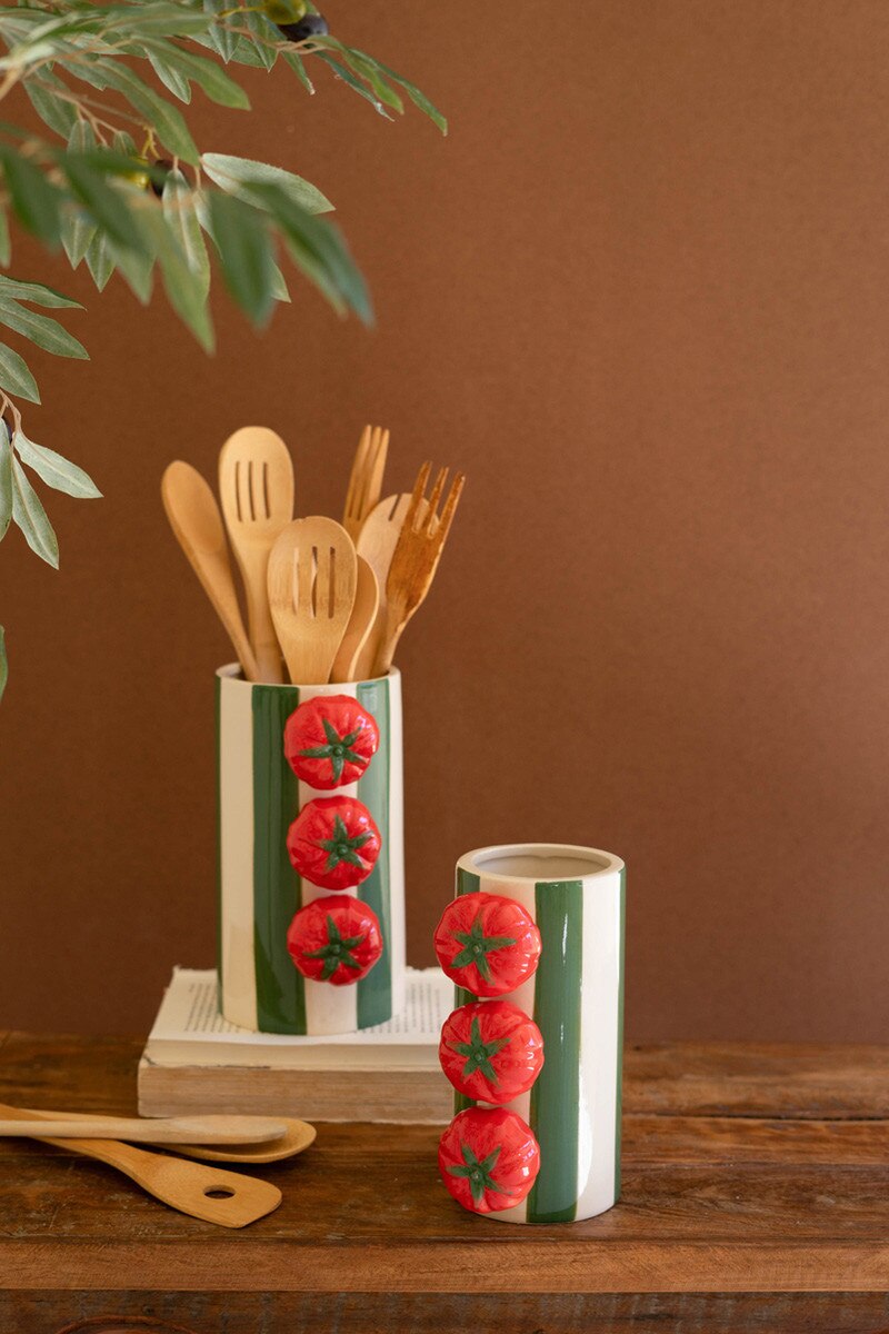 Green Striped Vase w/ Tomatoes, 2 Sizes