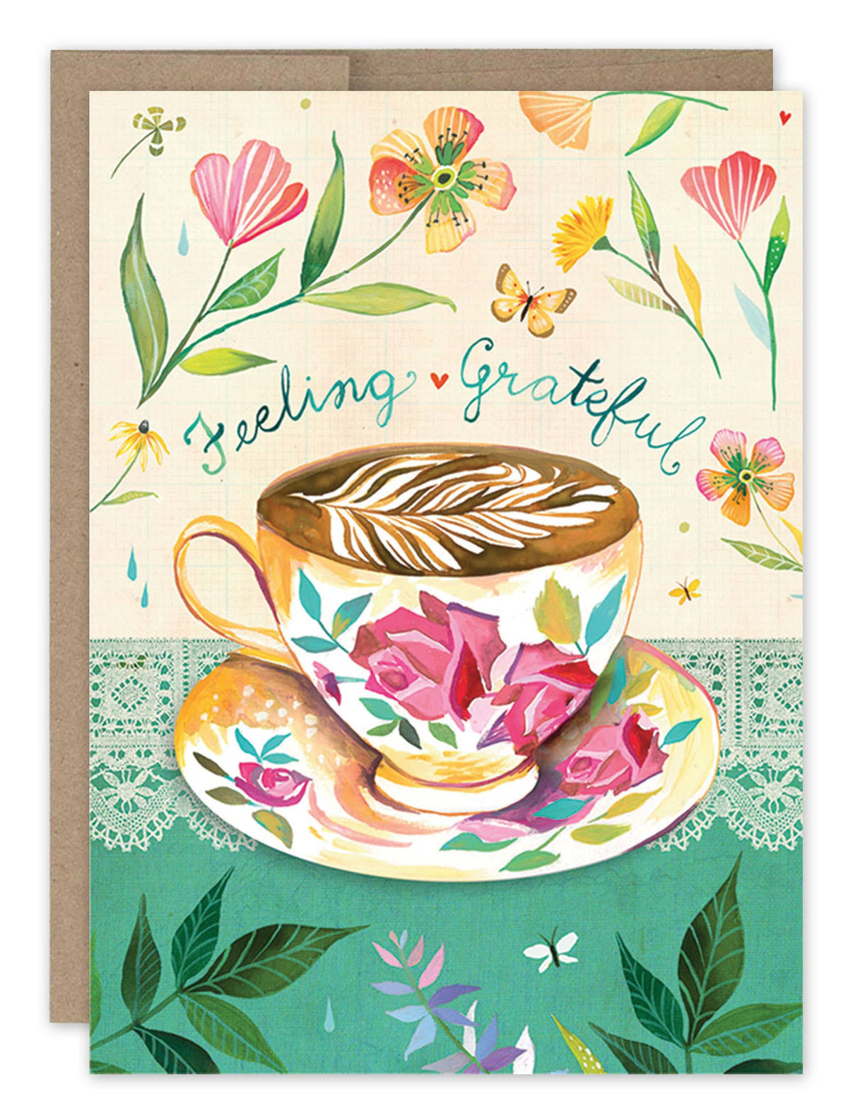 Greeting card with a floral teacup design and 'feeling grateful' text.