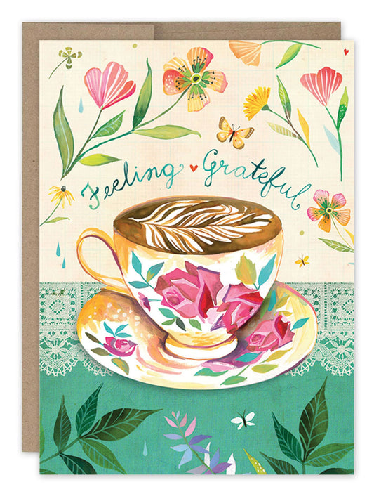 Greeting card with a floral teacup design and 'feeling grateful' text.