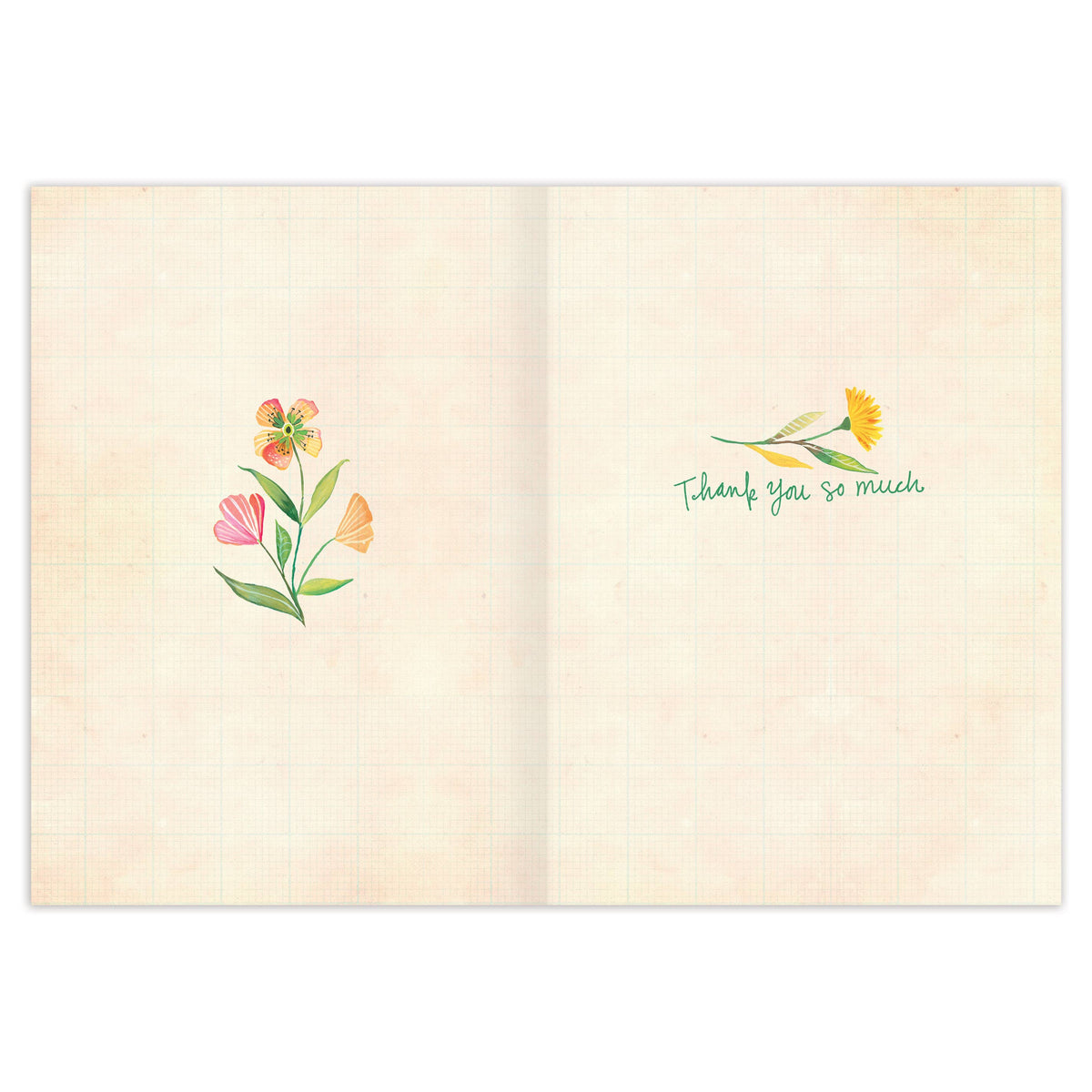 Open card with floral designs and 'Thank you so much' text on a beige background