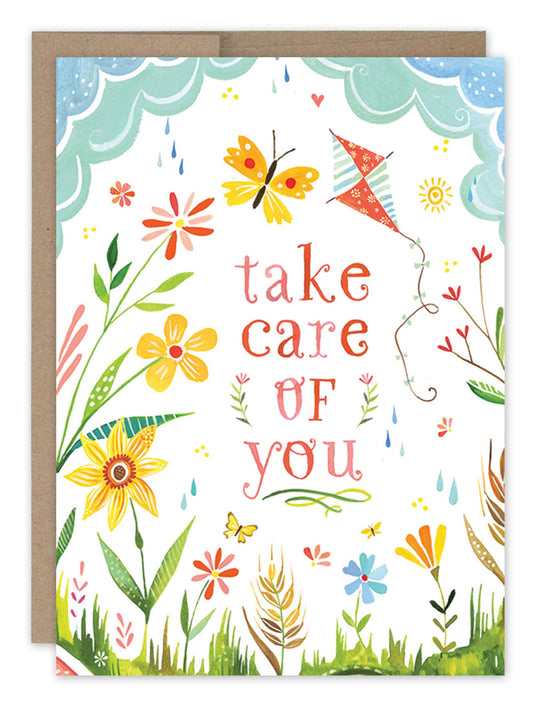 Greeting card with colorful flowers, butterflies, and a kite, featuring the text 'take care of you'.