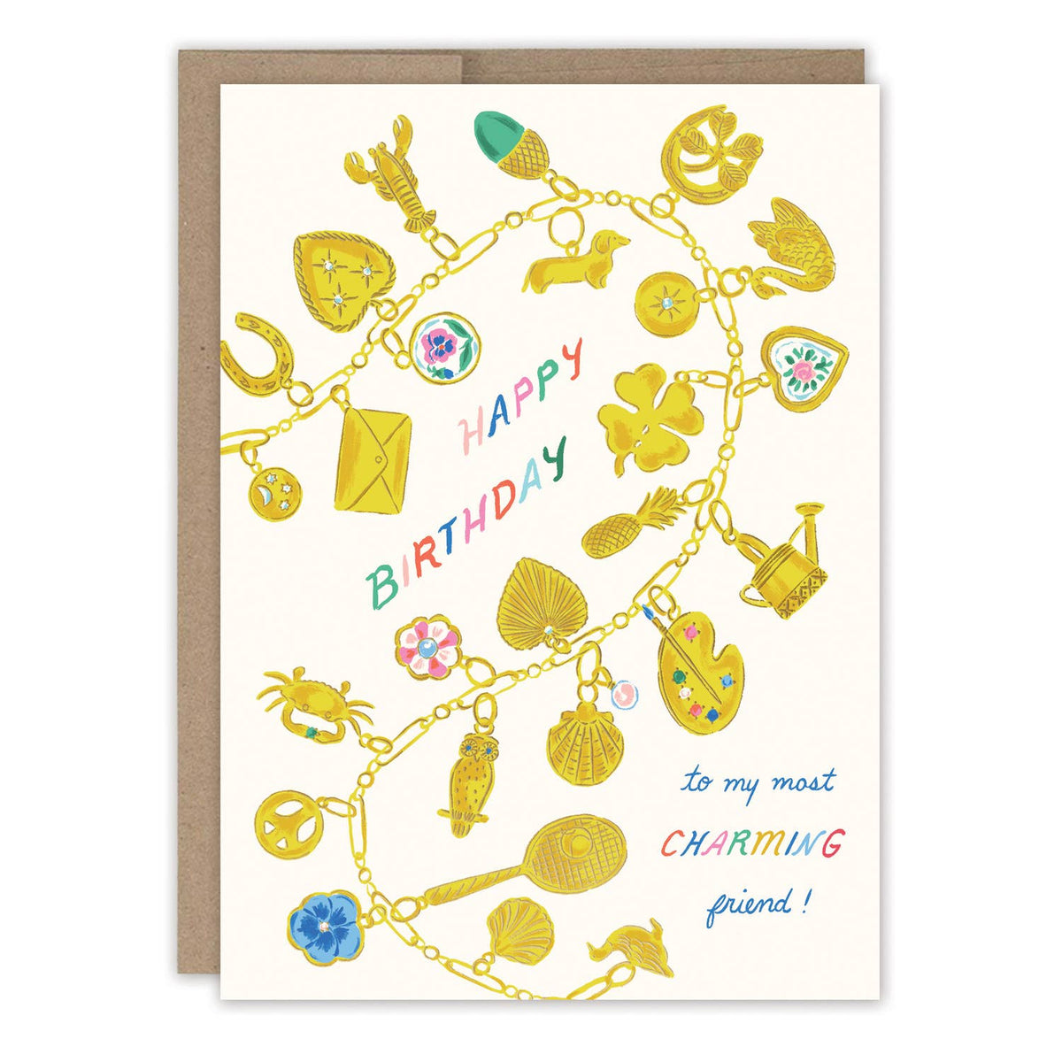 Birthday card with gold charm bracelet design and colorful text on a white background