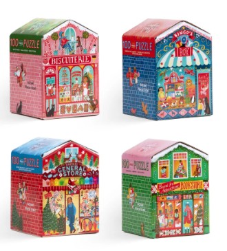 EeBoo Christmas Market 100 Piece Puzzles for children, shop-shaped boxes with holiday scenes: Bakery, Bookstore, Toy Store, and General Store.