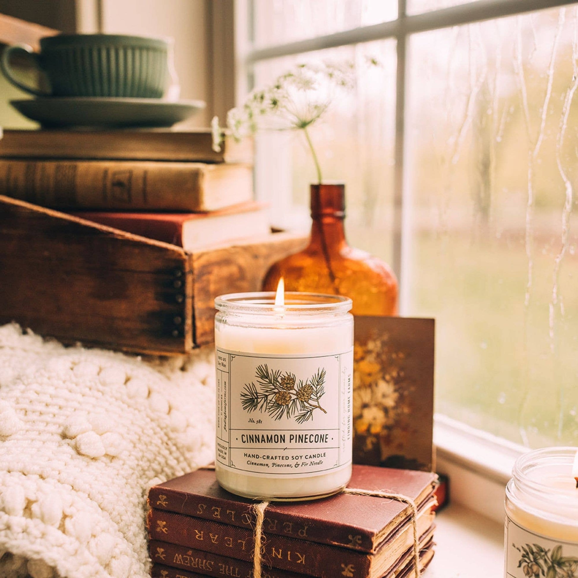 Finding Home Farms cinnamon pinecone jar candle in glass jar with lid, styled among fall décor