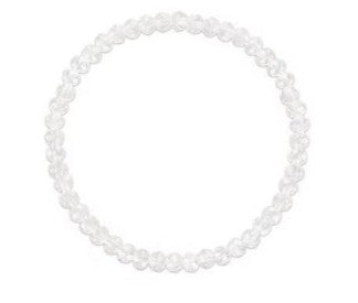 A single clear beaded stretch bracelet arranged in a circle on a plain white background.