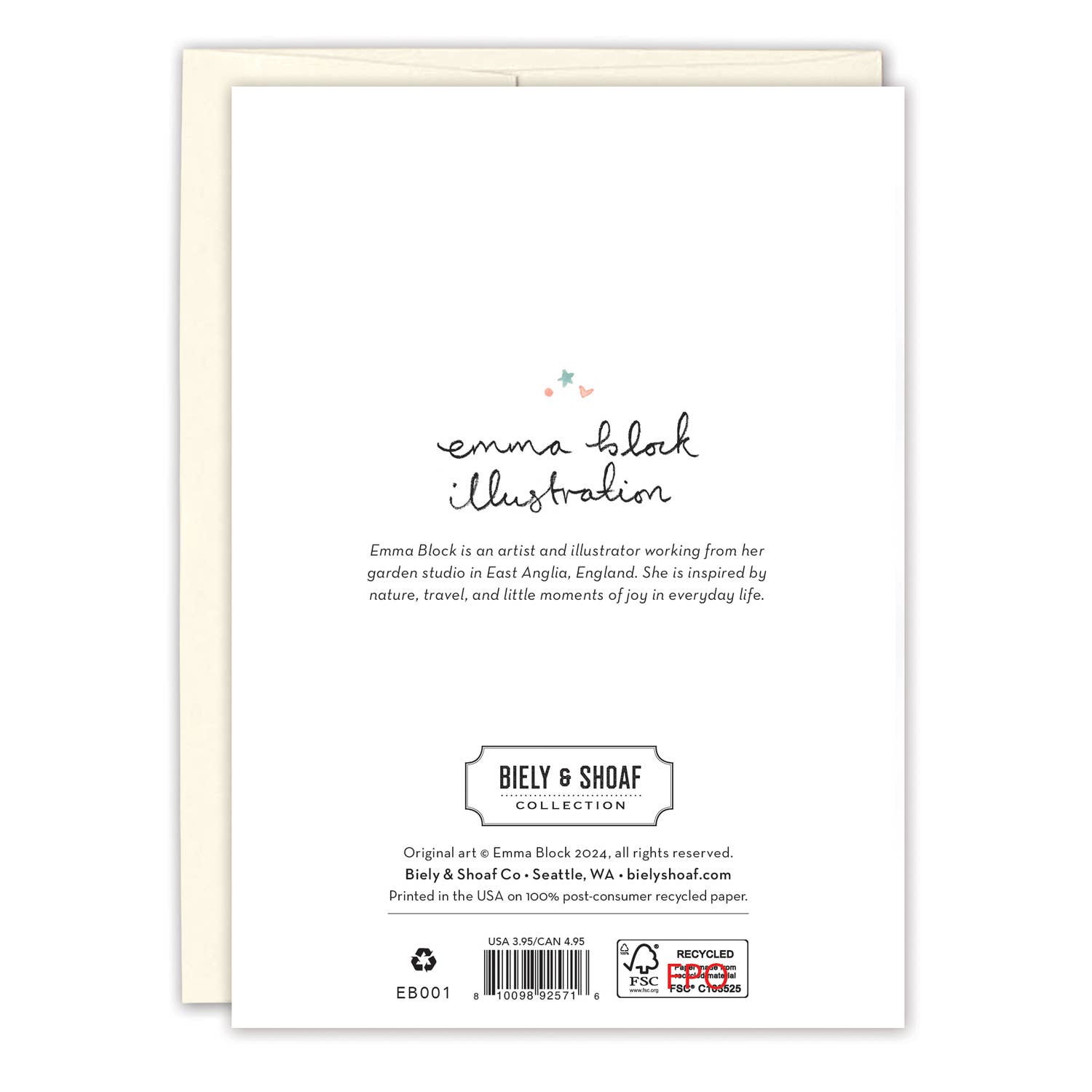 Back of a card with 'Emma Block Illustration' text and branding information.