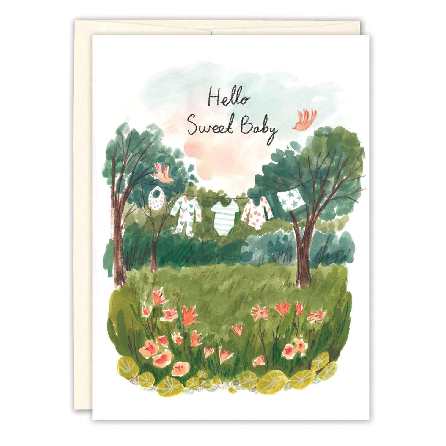 Illustration of a baby shower scene with trees, flowers, and baby clothes on a white background.