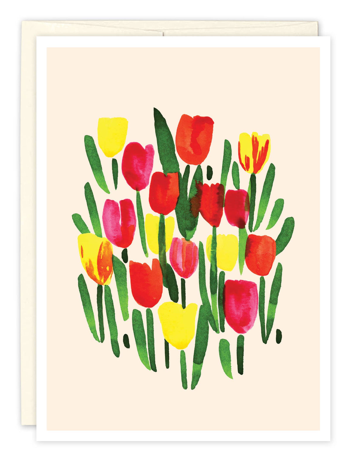 Card with red and yellow tulips on a beige background