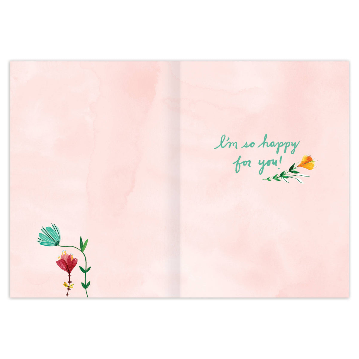 Open card with floral illustrations and text on a pink background