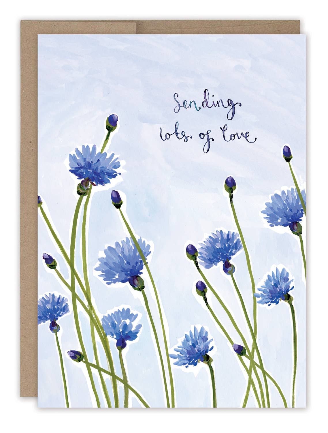 Card with blue flowers and 'Sending lots of love' text on a light blue background