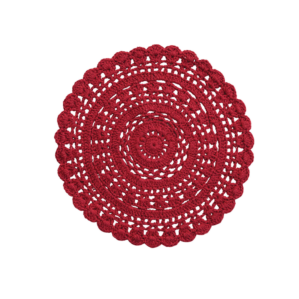 Red crocheted placemat on a white background