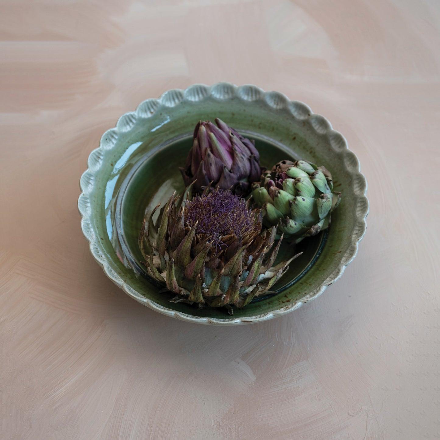 Stoneware Bowl w/ Scalloped Edge, Reactive Glaze, Green (Each One Will Vary)