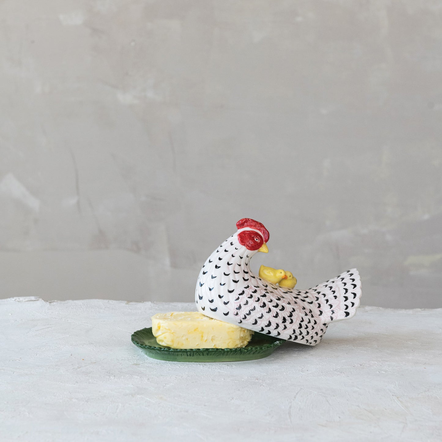 Hand-Painted Vintage Reproduction Hen Shaped Butter Dish with Chicks