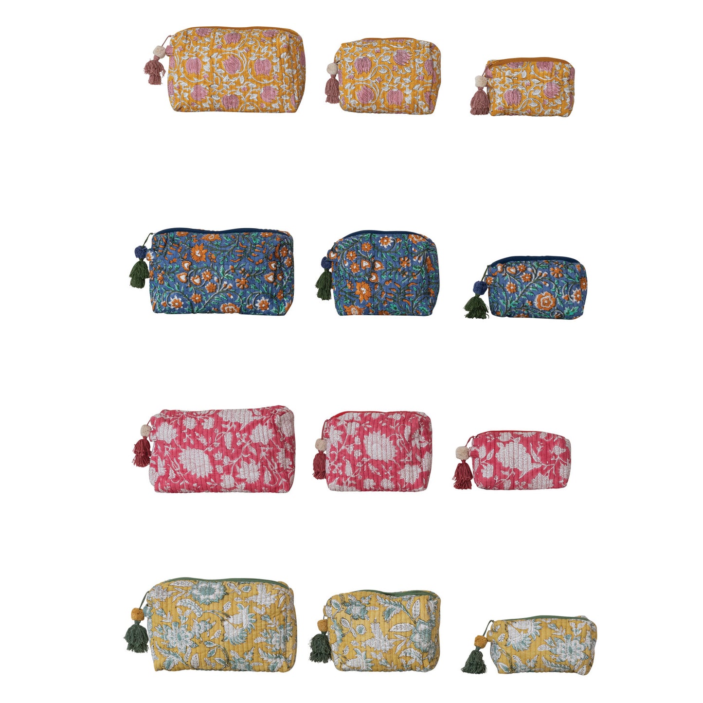 Quilted Cotton Voile Floral Zip Pouch Set, 4 Colors