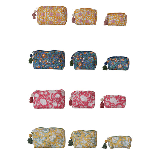 Quilted Cotton Voile Floral Zip Pouch Set, 4 Colors, 3 Sizes