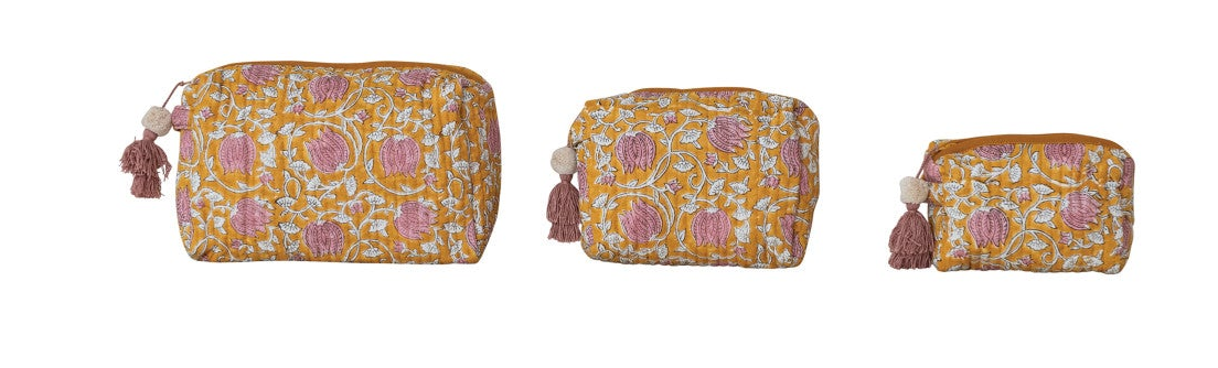 Quilted Cotton Voile Floral Zip Pouch Set, 4 Colors