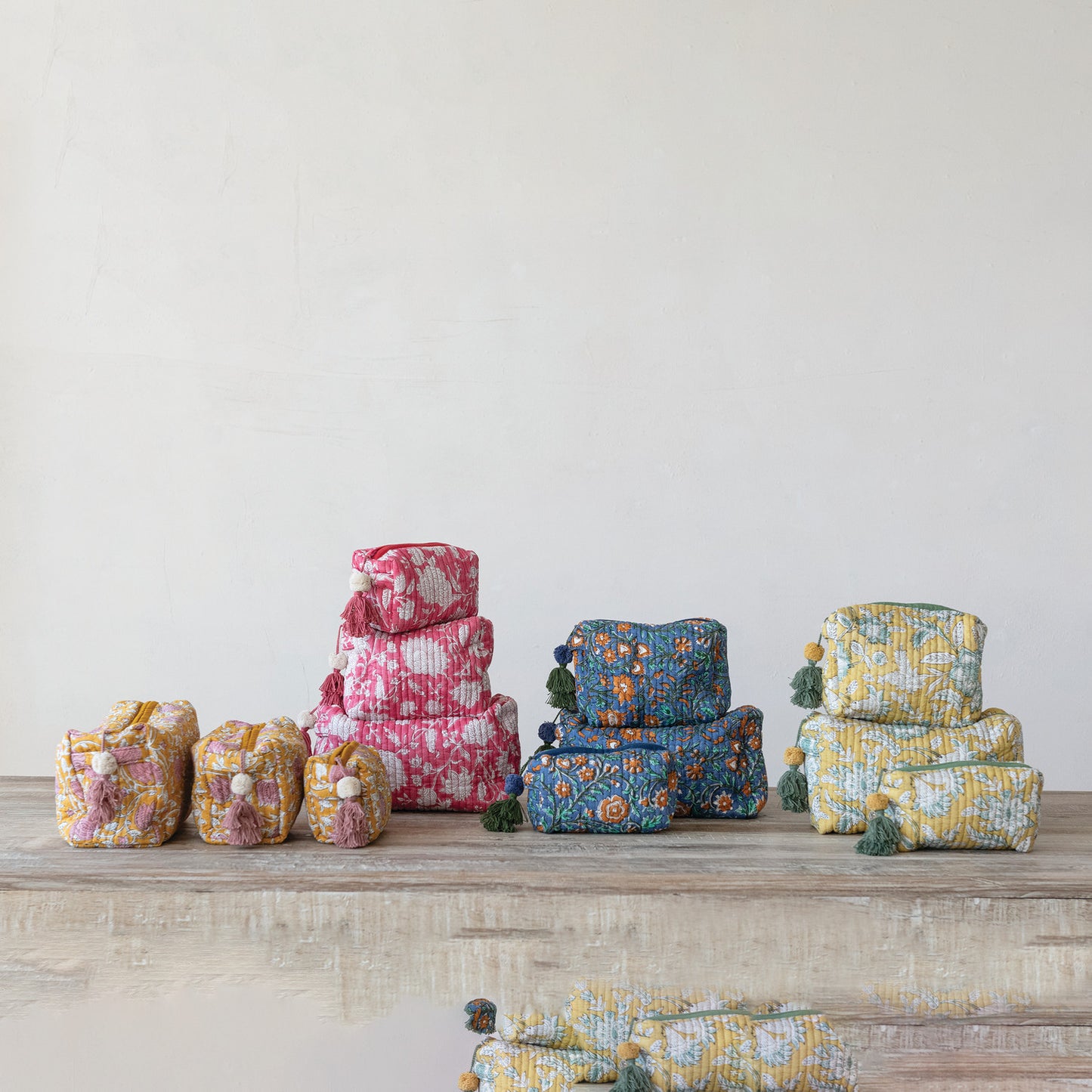 Quilted Cotton Voile Floral Zip Pouch Set, 4 Colors