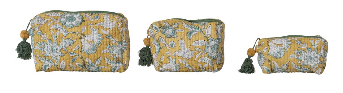 Quilted Cotton Voile Floral Zip Pouch Set, 4 Colors