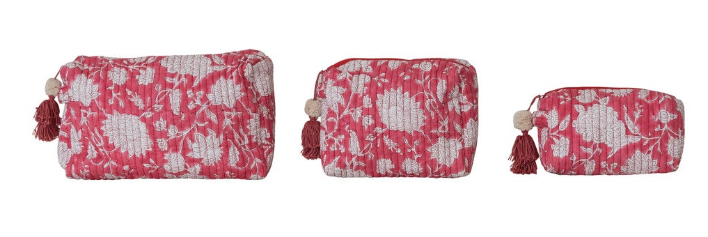 Quilted Cotton Voile Floral Zip Pouch Set, 4 Colors