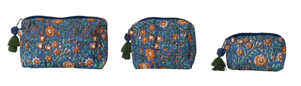 Quilted Cotton Voile Floral Zip Pouch Set, 4 Colors