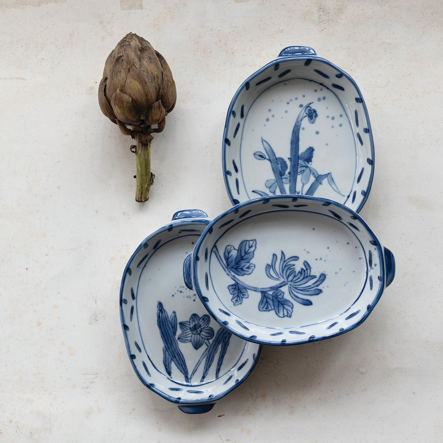 Hand-Painted Stoneware Baker with Handles, 3 Styles