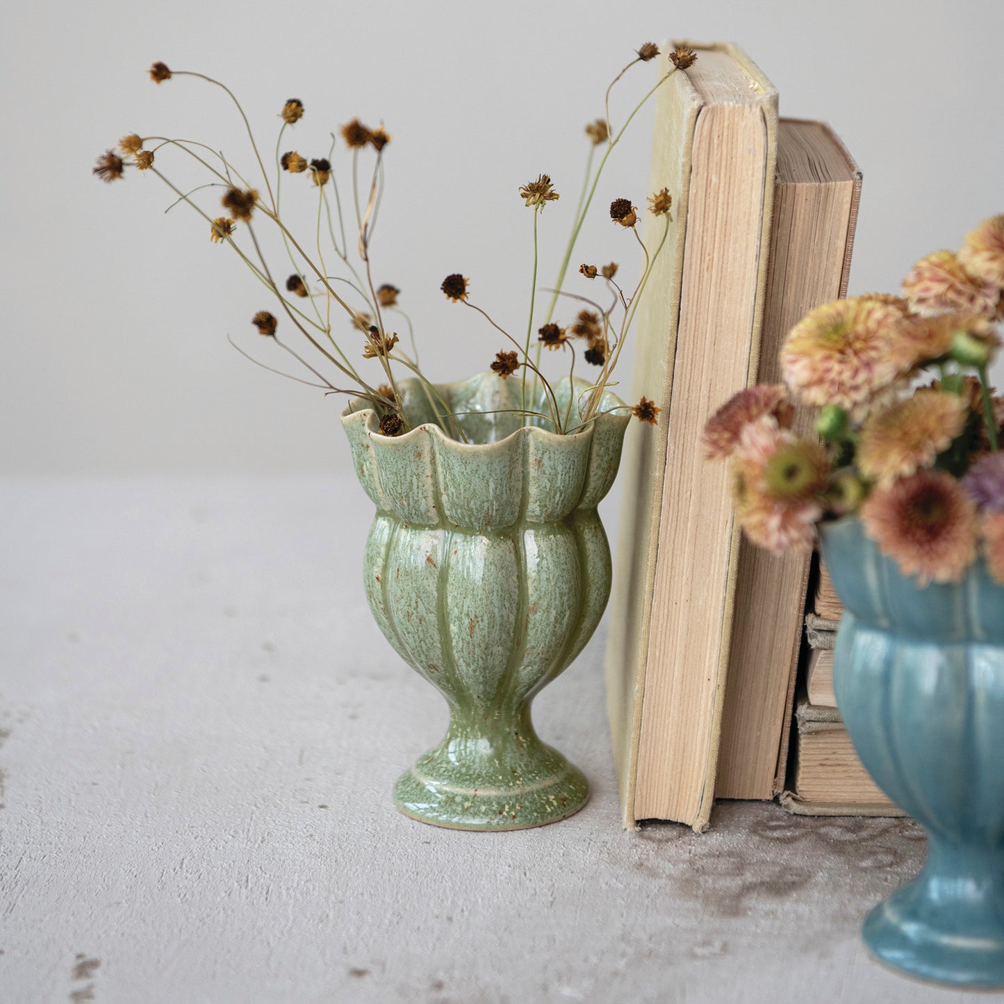 Stoneware Scalloped Footed Vase, 2 Colors