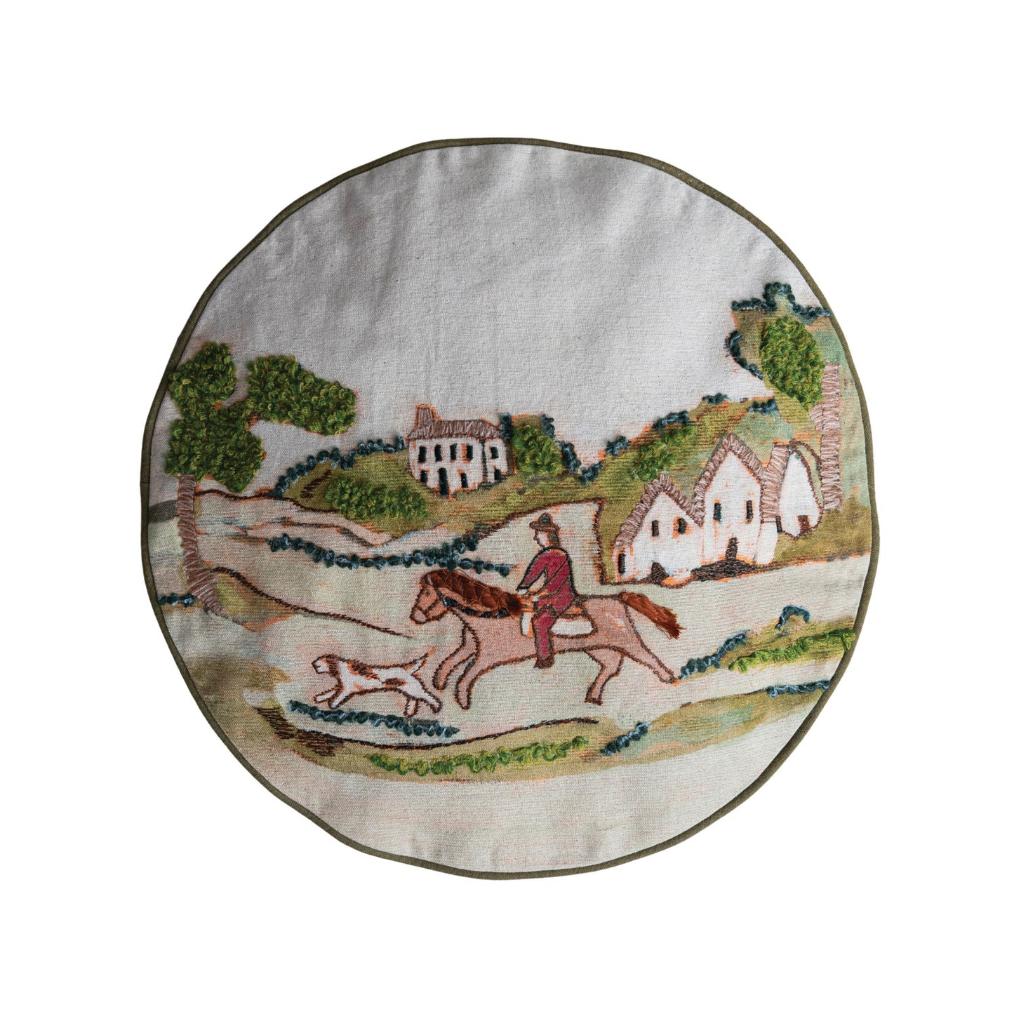 Cotton & Linen Pillow with Countryside Scene & Patterned Back ©