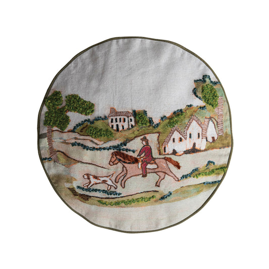 Cotton & Linen Pillow with Countryside Scene & Patterned Back ©