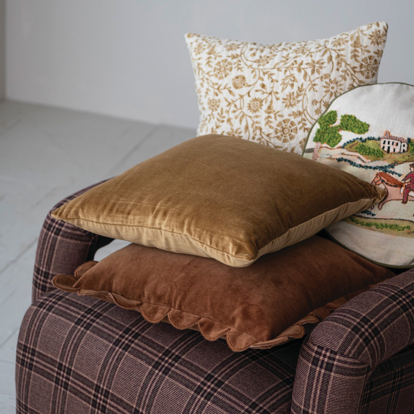 Cotton & Linen Pillow with Countryside Scene & Patterned Back ©