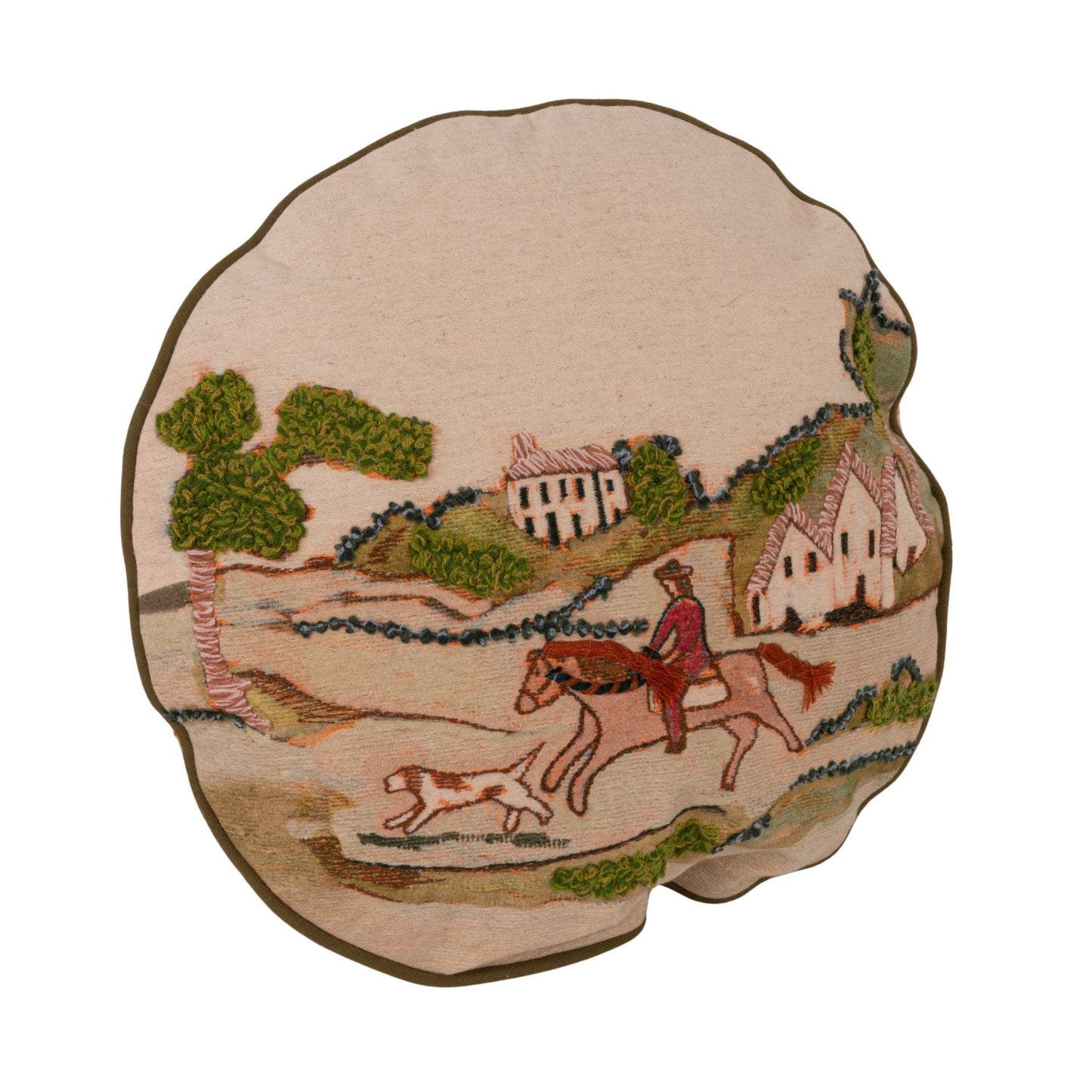 Cotton & Linen Pillow with Countryside Scene & Patterned Back ©